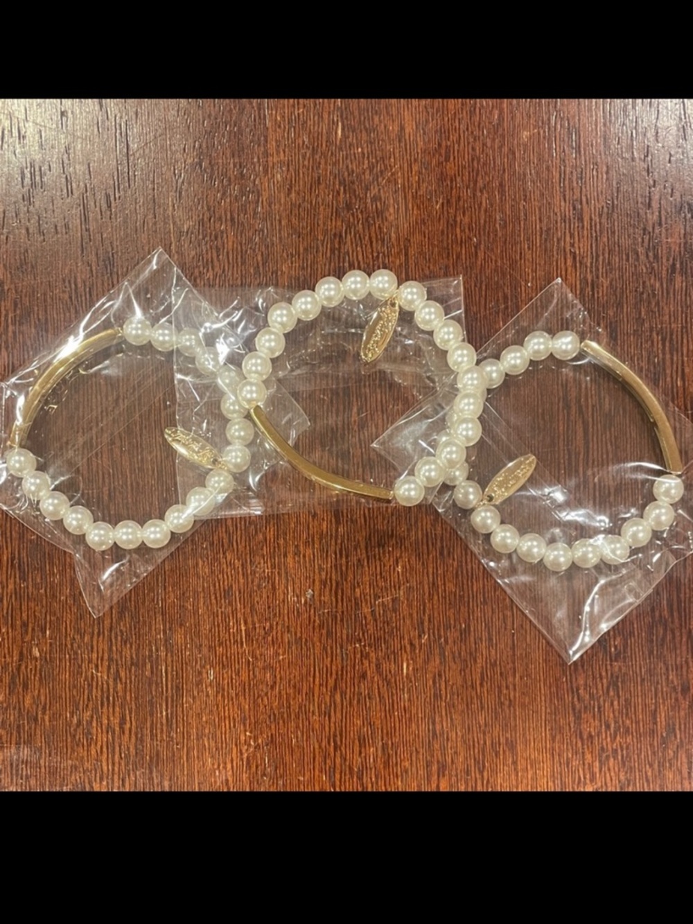 Plunder Faux Pearl Bracelet Set w/gold-tone engravable bar. Set of 3 New in bags